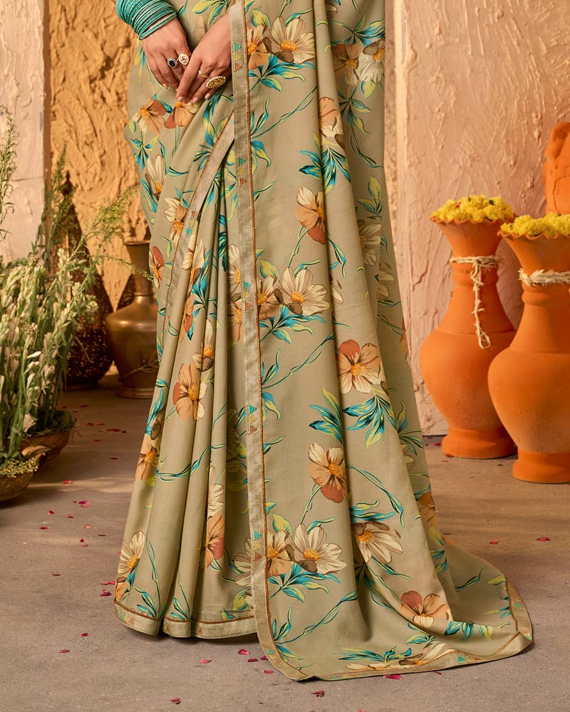 Vishal Prints Sandy Brown Crepe-Georgette Digital Print Saree With Fancy Border