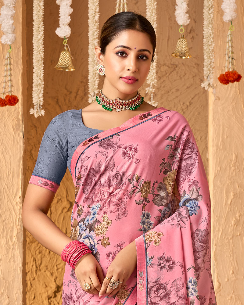 Vishal Prints Rose Pink Crepe-Georgette Digital Print Saree With Fancy Border