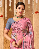 Vishal Prints Rose Pink Crepe-Georgette Digital Print Saree With Fancy Border