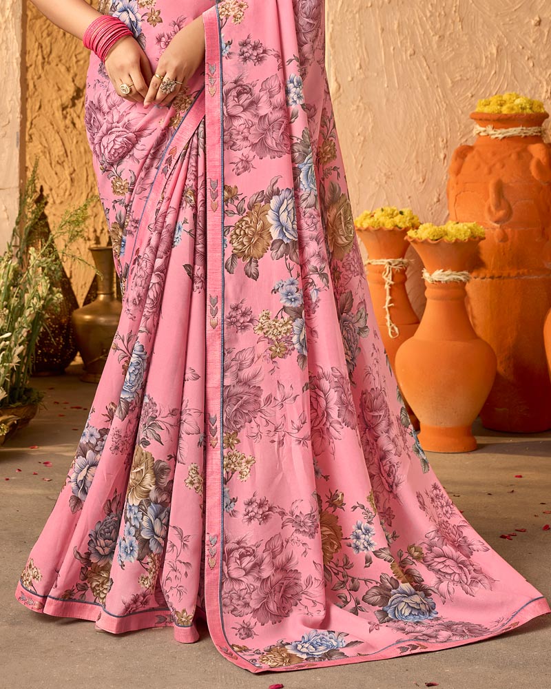 Vishal Prints Rose Pink Crepe-Georgette Digital Print Saree With Fancy Border