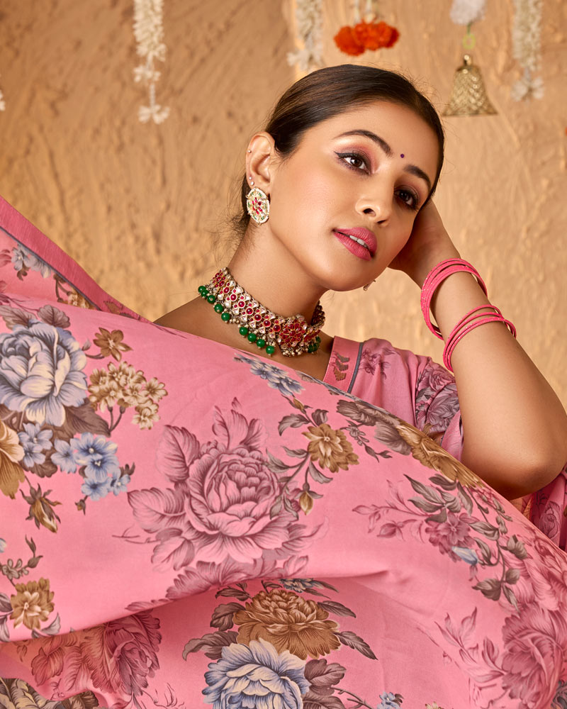 Vishal Prints Rose Pink Crepe-Georgette Digital Print Saree With Fancy Border