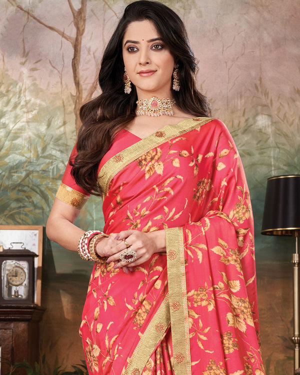 Vishal Prints Red Pink Printed Cotton Silk Saree With Fancy Border