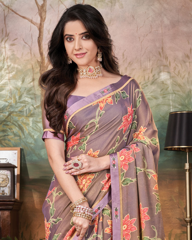 Vishal Prints Mauve Printed Cotton Silk Saree With Fancy Border