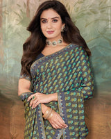 Vishal Prints Bluish Grey Printed Cotton Silk Saree With Fancy Border