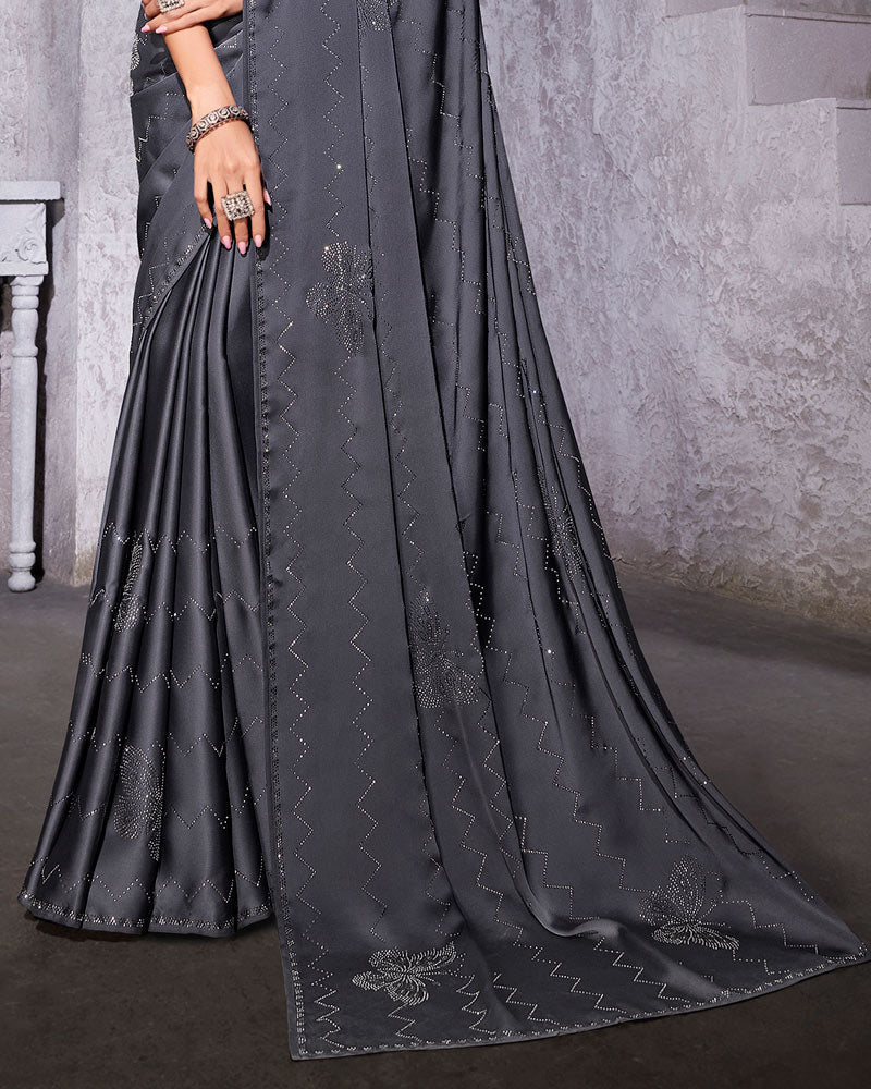 Vishal Prints Carbon Grey Satin Saree With Stone-Diamond Work