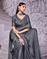 Vishal Prints Carbon Grey Satin Saree With Stone-Diamond Work