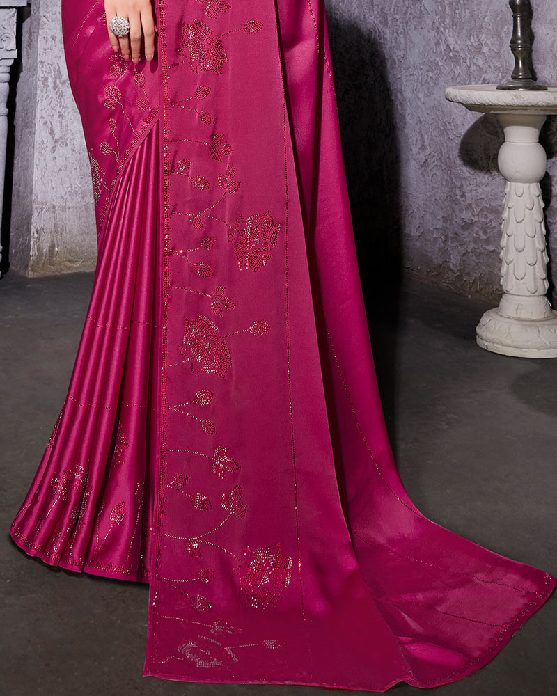 Vishal Prints Dark Rose Satin Saree With Stone-Diamond Work