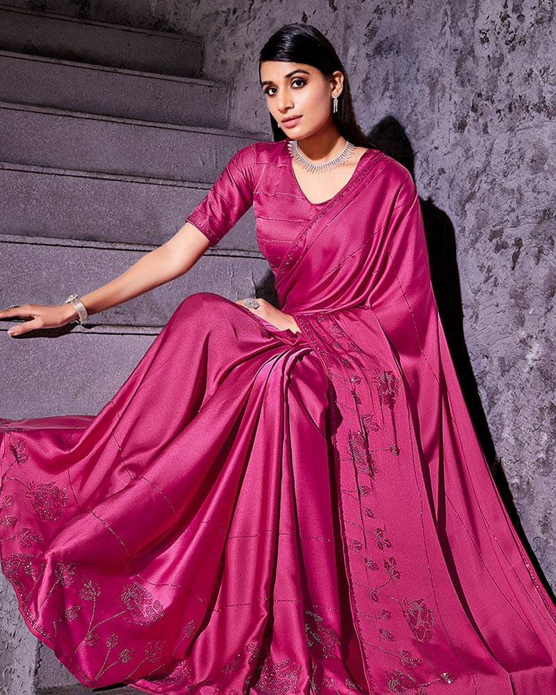 Vishal Prints Dark Rose Satin Saree With Stone-Diamond Work