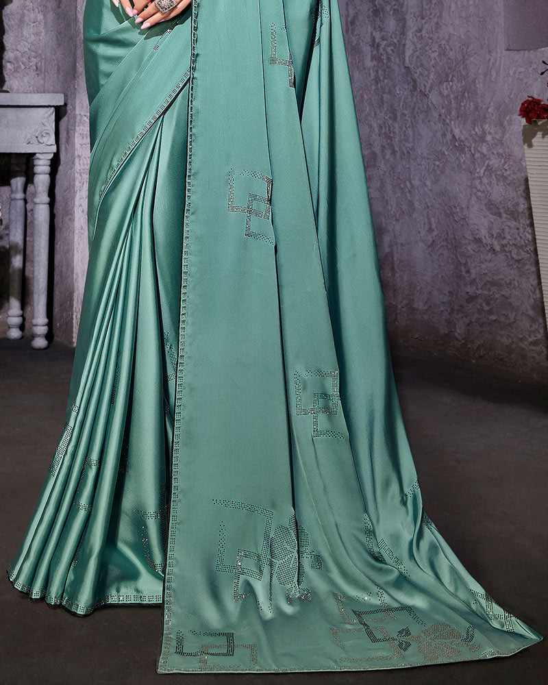 Vishal Prints Ash Grey Satin Saree With Stone-Diamond Work