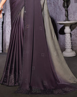 Vishal Prints Warm Grey And Charcoal Grey Satin Saree With Stone-Diamond Work