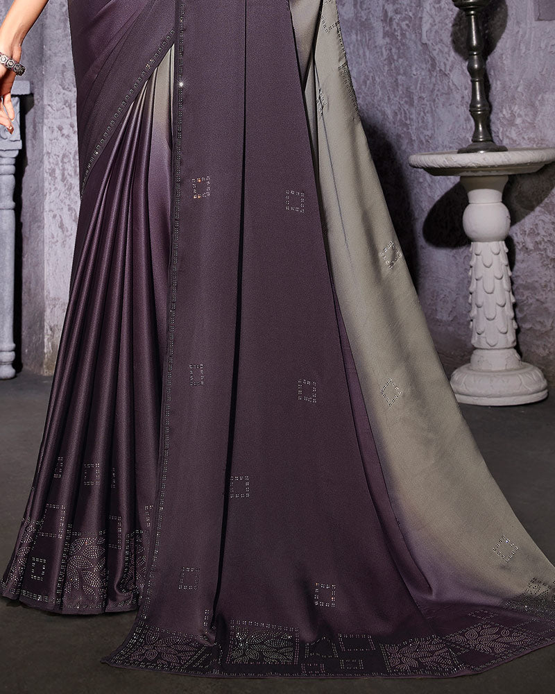 Vishal Prints Warm Grey And Charcoal Grey Satin Saree With Stone-Diamond Work