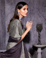 Vishal Prints Warm Grey And Charcoal Grey Satin Saree With Stone-Diamond Work