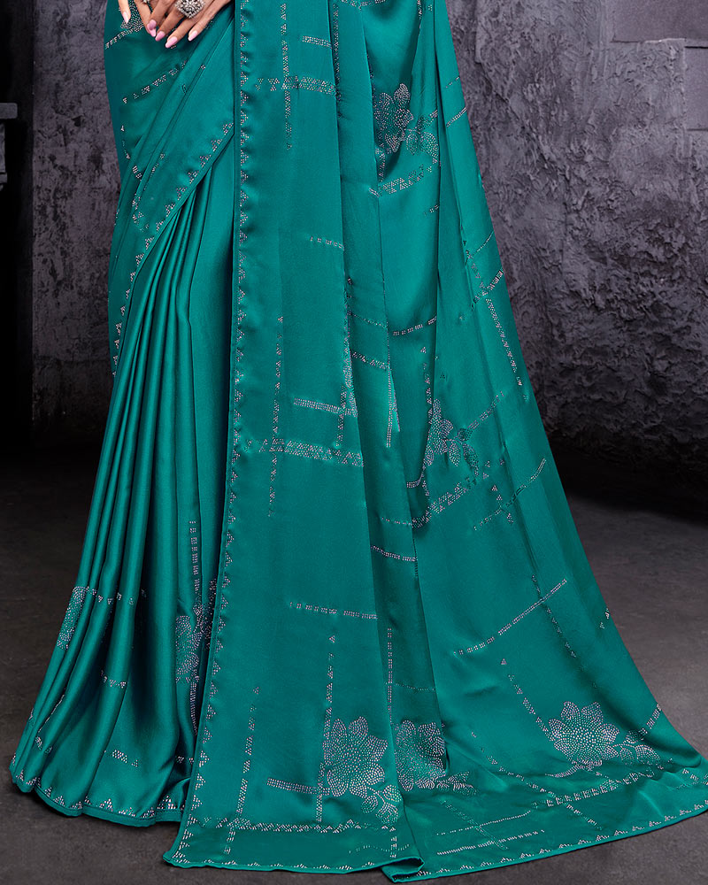 Vishal Prints Dark Aquamarine Satin Saree With Stone-Diamond Work