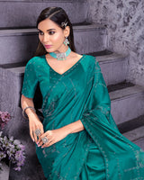 Vishal Prints Dark Aquamarine Satin Saree With Stone-Diamond Work