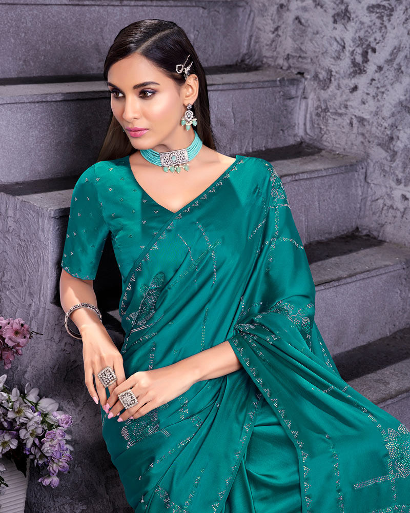 Vishal Prints Dark Aquamarine Satin Saree With Stone-Diamond Work