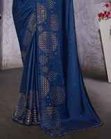 Vishal Prints Blue Satin Saree With Stone-Diamond Work