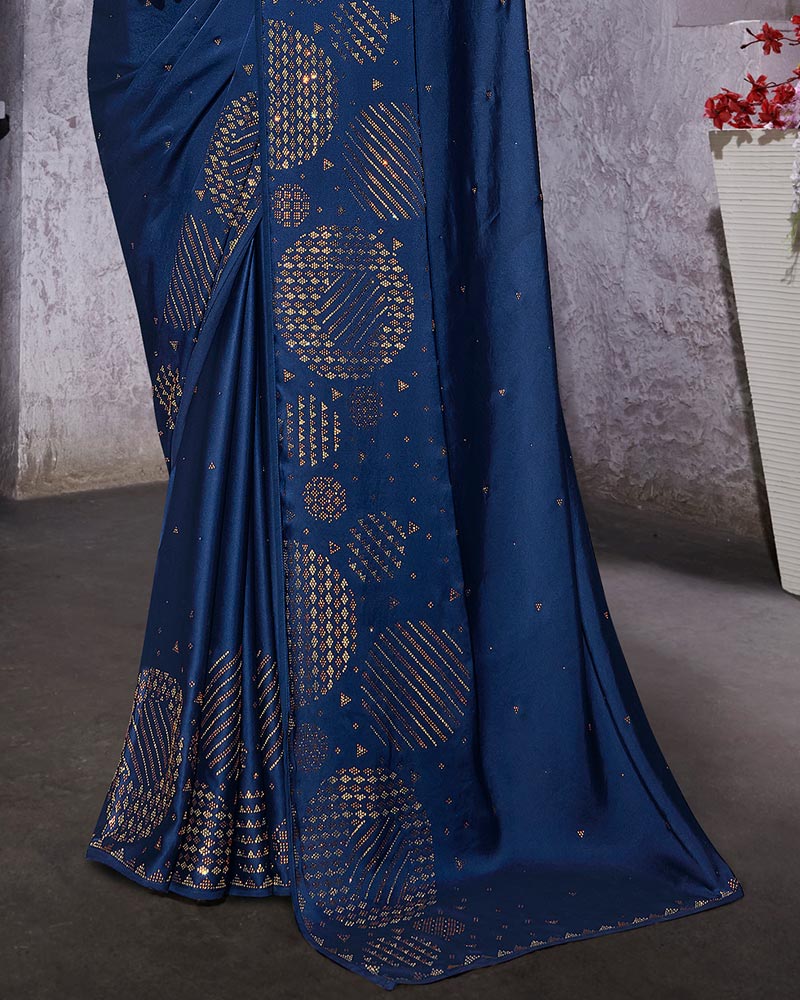 Vishal Prints Blue Satin Saree With Stone-Diamond Work