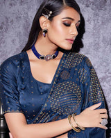 Vishal Prints Blue Satin Saree With Stone-Diamond Work