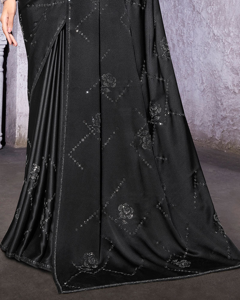 Vishal Prints Black Satin Saree With Stone-Diamond Work