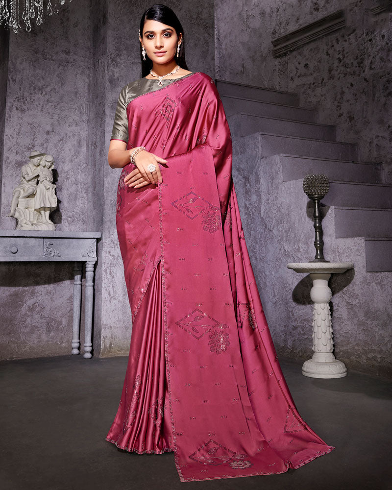 Vishal Prints Light Maroon Satin Saree With Stone-Diamond Work