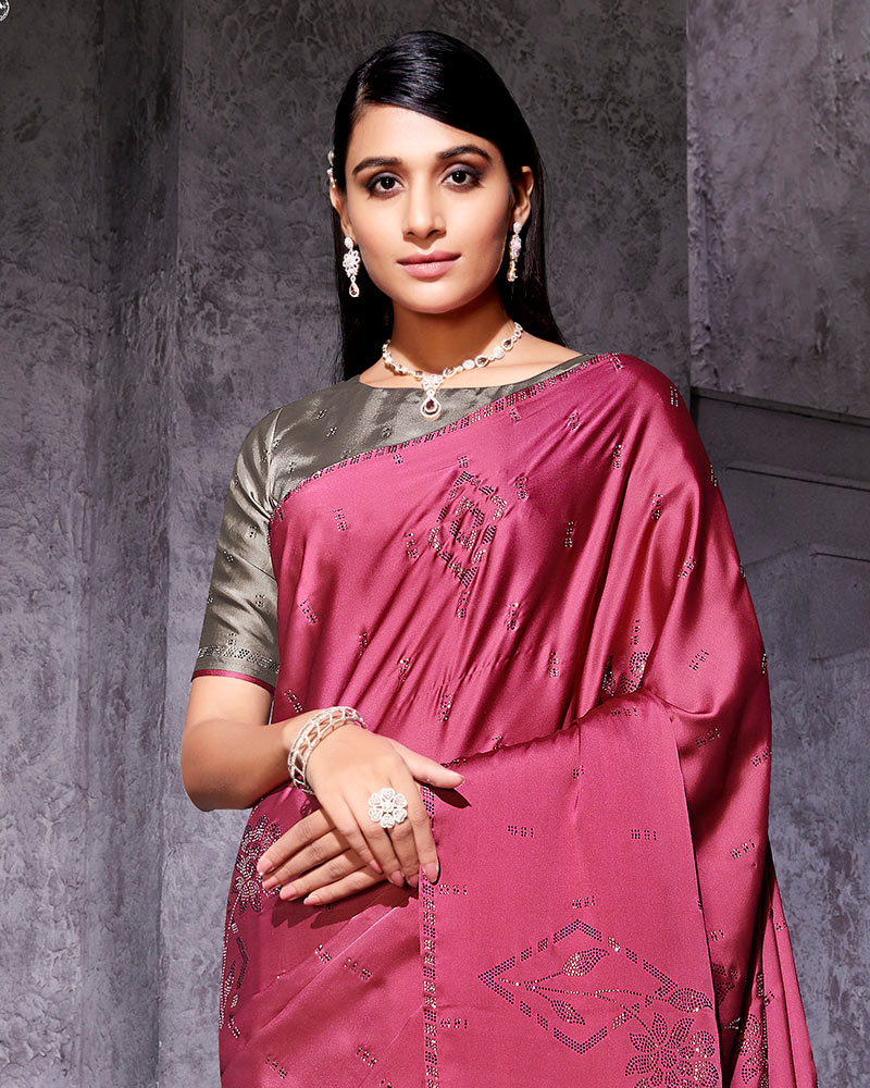 Vishal Prints Light Maroon Satin Saree With Stone-Diamond Work