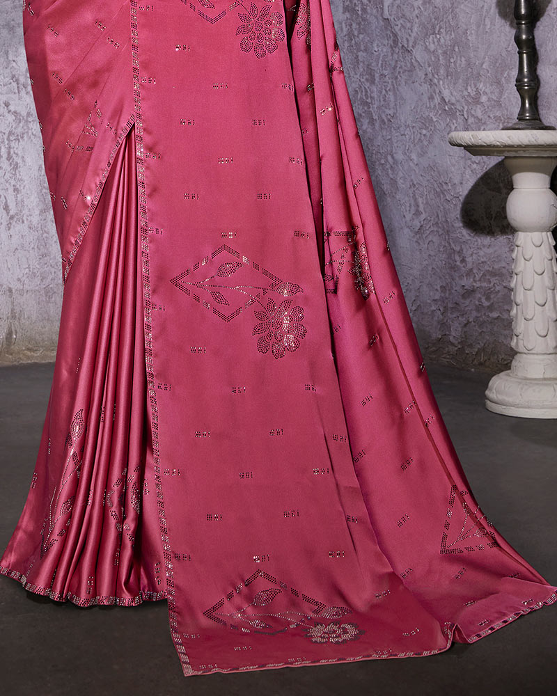 Vishal Prints Light Maroon Satin Saree With Stone-Diamond Work