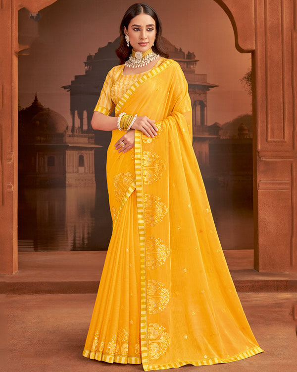 Vishal Prints Yellowish Orange Designer Fancy Chiffon Saree With Embroidery-Diamond Work And Fancy Border