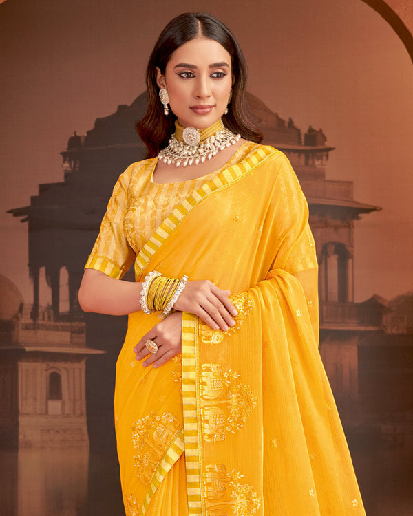 Vishal Prints Yellowish Orange Designer Fancy Chiffon Saree With Embroidery-Diamond Work And Fancy Border