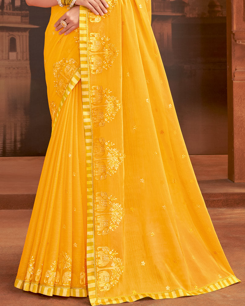 Vishal Prints Yellowish Orange Designer Fancy Chiffon Saree With Embroidery-Diamond Work And Fancy Border