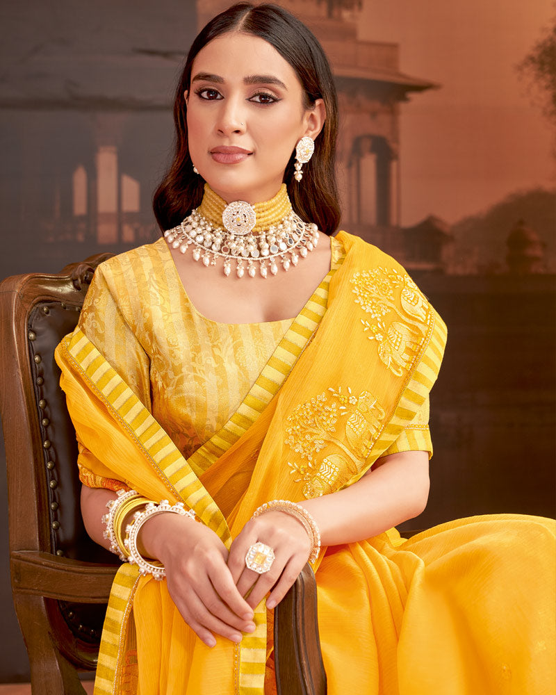 Vishal Prints Yellowish Orange Designer Fancy Chiffon Saree With Embroidery-Diamond Work And Fancy Border