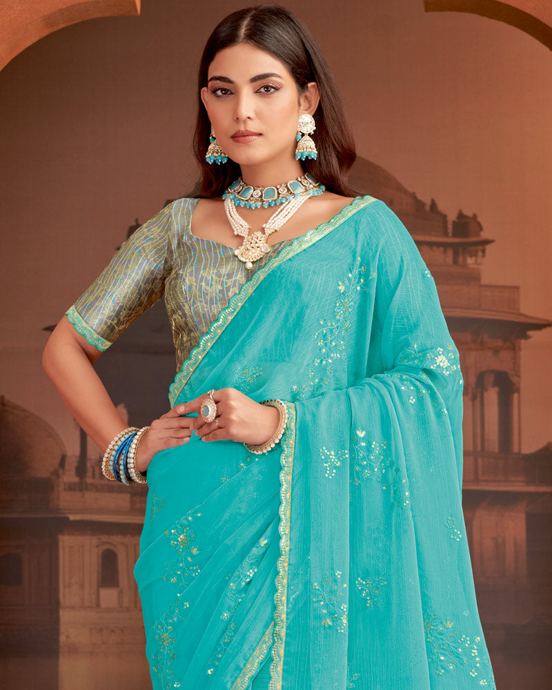 Vishal Prints Dark Turquoise Blue Designer Fancy Chiffon Saree With Embroidery-Diamond Work And Cut Work Border