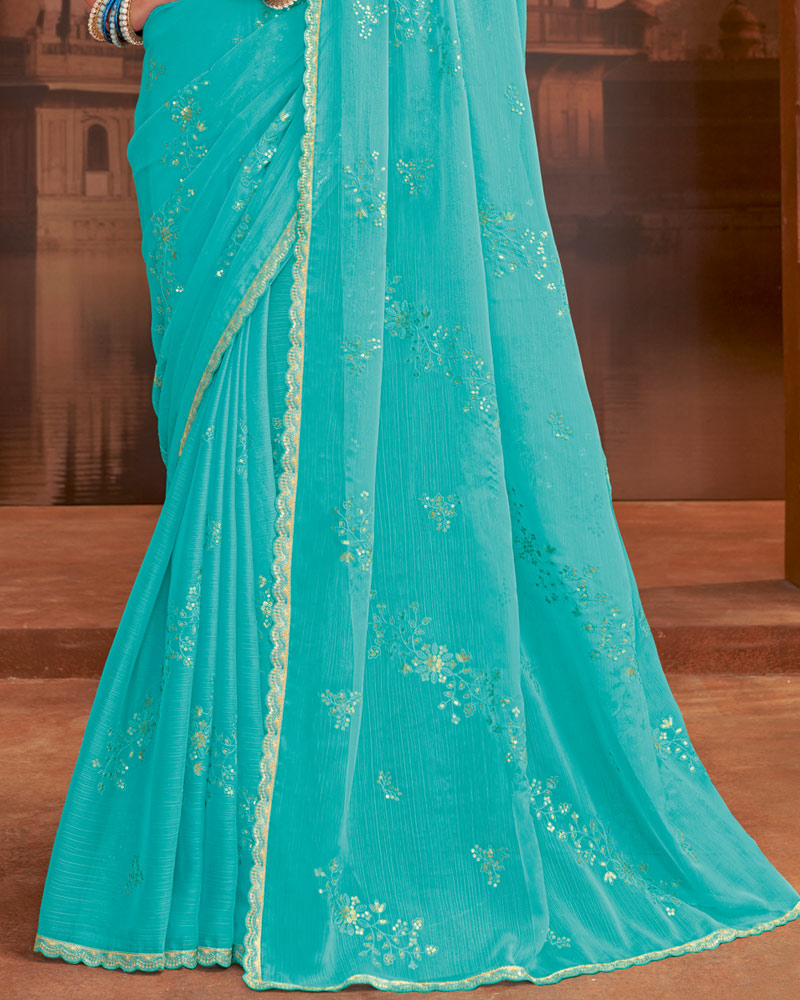 Vishal Prints Dark Turquoise Blue Designer Fancy Chiffon Saree With Embroidery-Diamond Work And Cut Work Border
