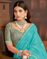 Vishal Prints Dark Turquoise Blue Designer Fancy Chiffon Saree With Embroidery-Diamond Work And Cut Work Border