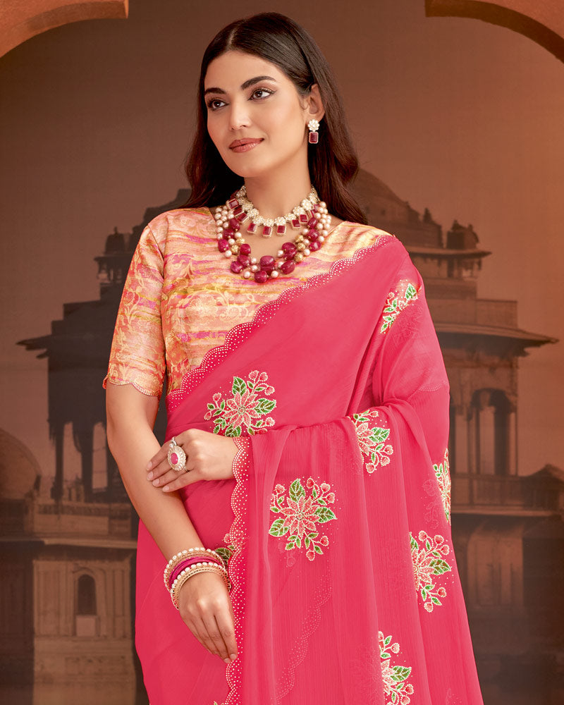 Vishal Prints Red Pink Designer Fancy Chiffon Saree With Embroidery-Diamond Work And Cut Work Border