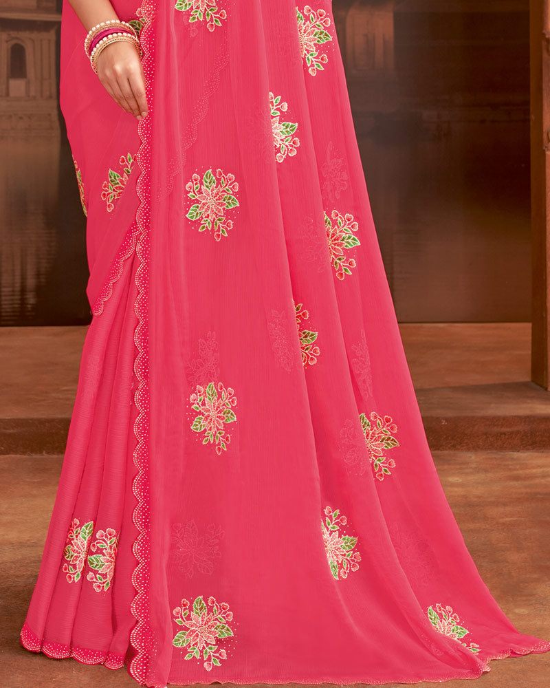Vishal Prints Red Pink Designer Fancy Chiffon Saree With Embroidery-Diamond Work And Cut Work Border