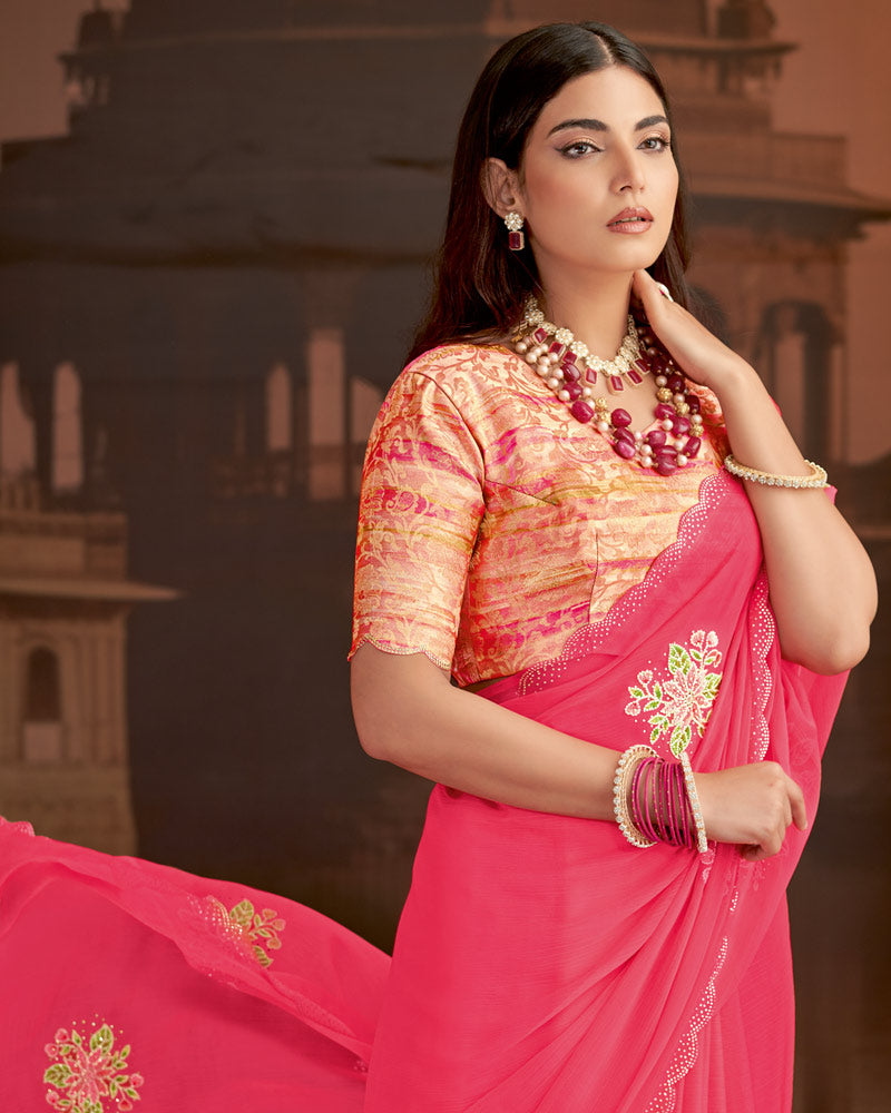 Vishal Prints Red Pink Designer Fancy Chiffon Saree With Embroidery-Diamond Work And Cut Work Border