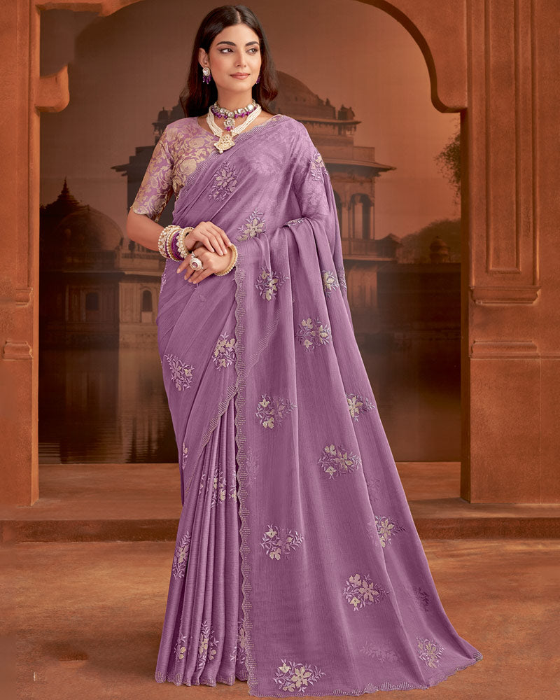 Vishal Prints Dusty Purple Designer Fancy Chiffon Saree With Embroidery-Diamond Work And Cut Work Border