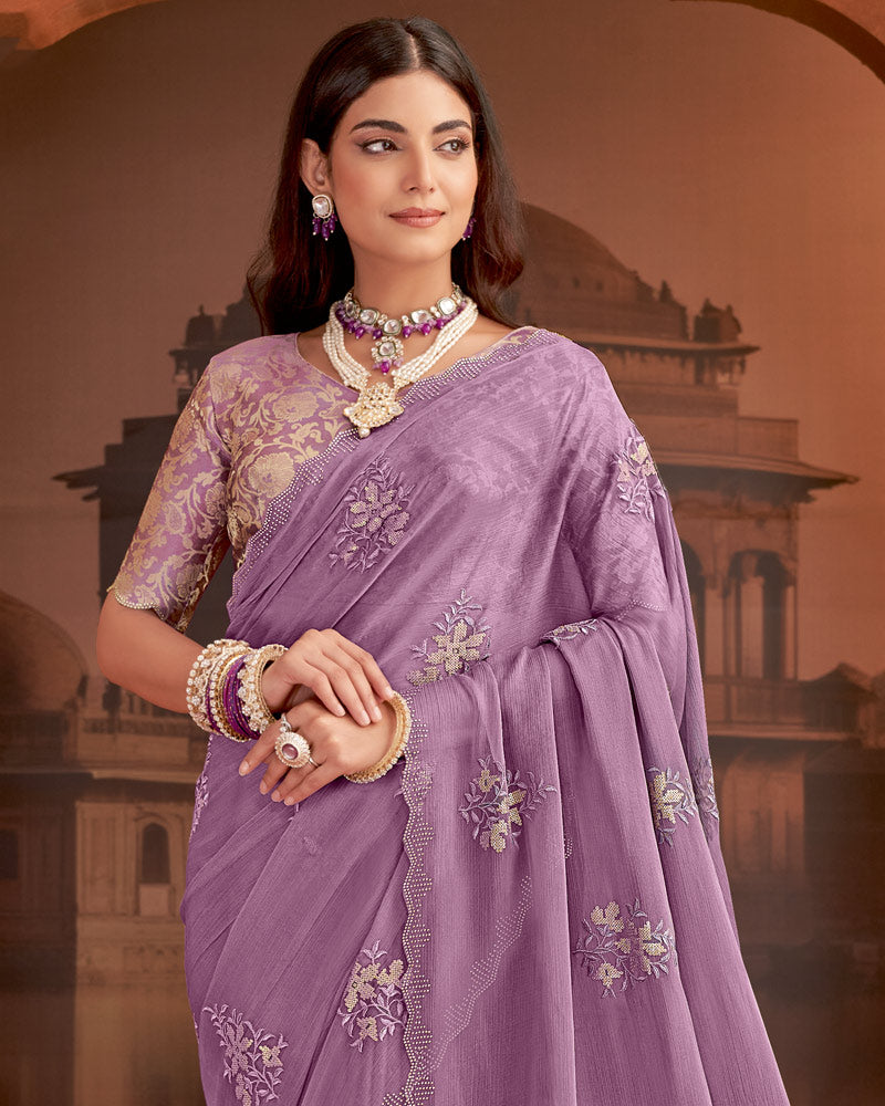 Vishal Prints Dusty Purple Designer Fancy Chiffon Saree With Embroidery-Diamond Work And Cut Work Border