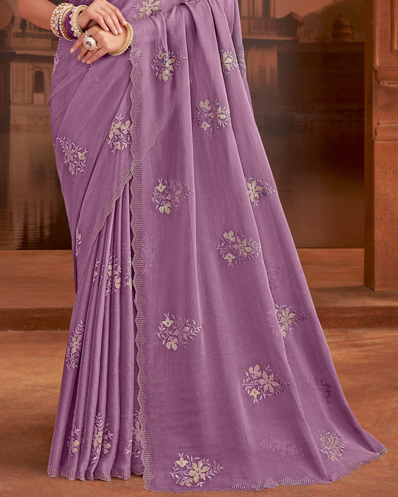 Vishal Prints Dusty Purple Designer Fancy Chiffon Saree With Embroidery-Diamond Work And Cut Work Border