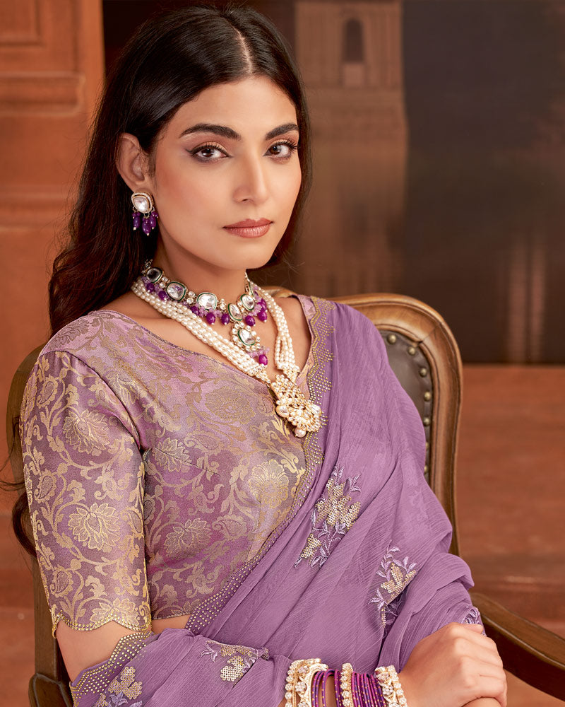 Vishal Prints Dusty Purple Designer Fancy Chiffon Saree With Embroidery-Diamond Work And Cut Work Border