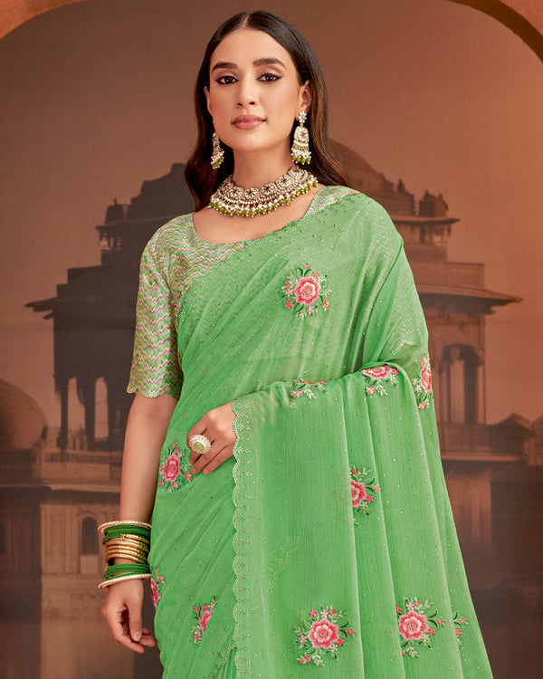 Vishal Prints Dusty Green Designer Fancy Chiffon Saree With Embroidery-Diamond Work And Cut Work Border