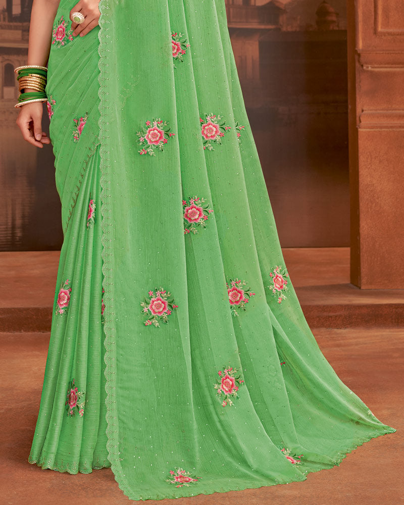 Vishal Prints Dusty Green Designer Fancy Chiffon Saree With Embroidery-Diamond Work And Cut Work Border