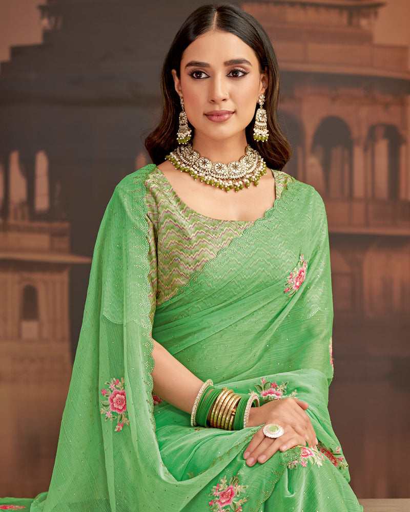 Vishal Prints Dusty Green Designer Fancy Chiffon Saree With Embroidery-Diamond Work And Cut Work Border