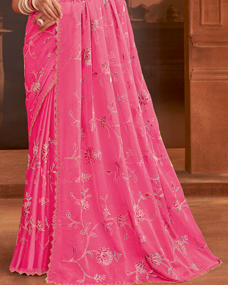 Vishal Prints Carmine Pink Designer Fancy Chiffon Saree With Embroidery-Diamond Work And Cut Work Border