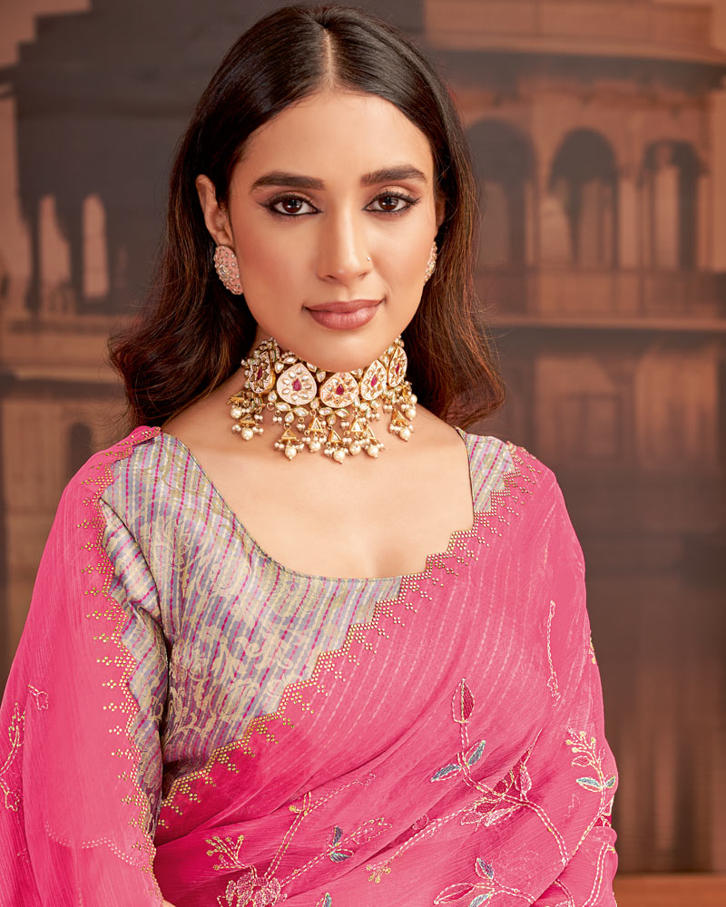 Vishal Prints Carmine Pink Designer Fancy Chiffon Saree With Embroidery-Diamond Work And Cut Work Border
