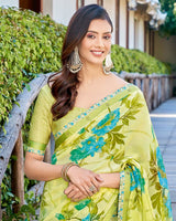 Vishal Prints Pastel Yellow Printed Brasso Saree With Fancy Border