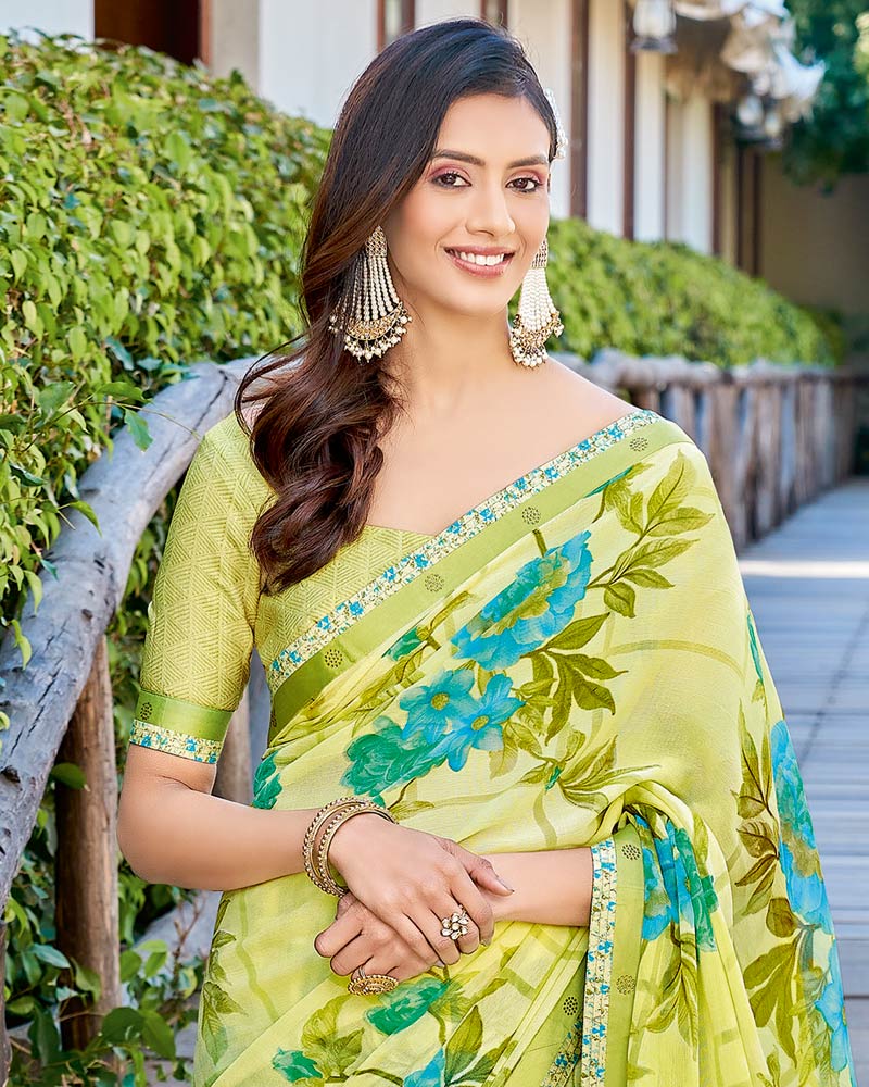 Vishal Prints Pastel Yellow Printed Brasso Saree With Fancy Border