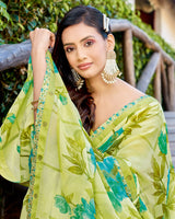 Vishal Prints Pastel Yellow Printed Brasso Saree With Fancy Border