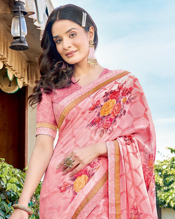 Vishal Prints Rose Pink Printed Brasso Saree With Fancy Border