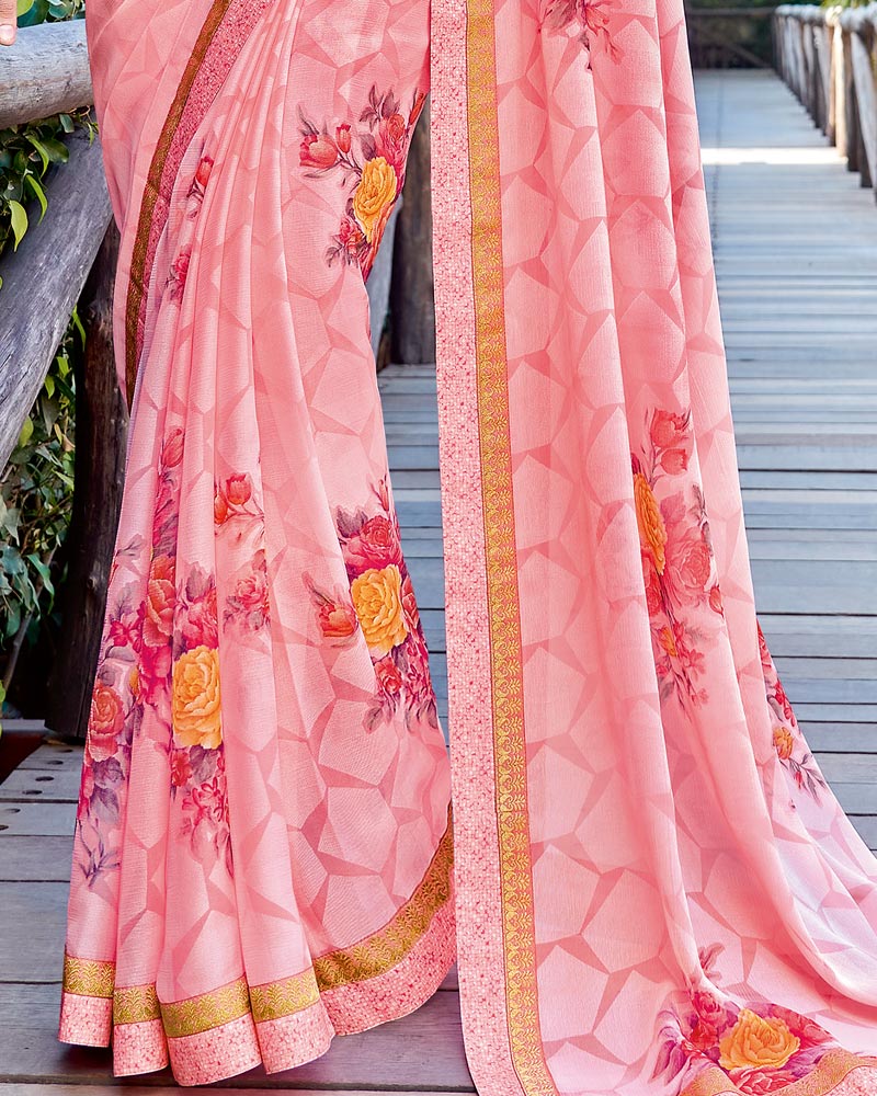 Vishal Prints Rose Pink Printed Brasso Saree With Fancy Border